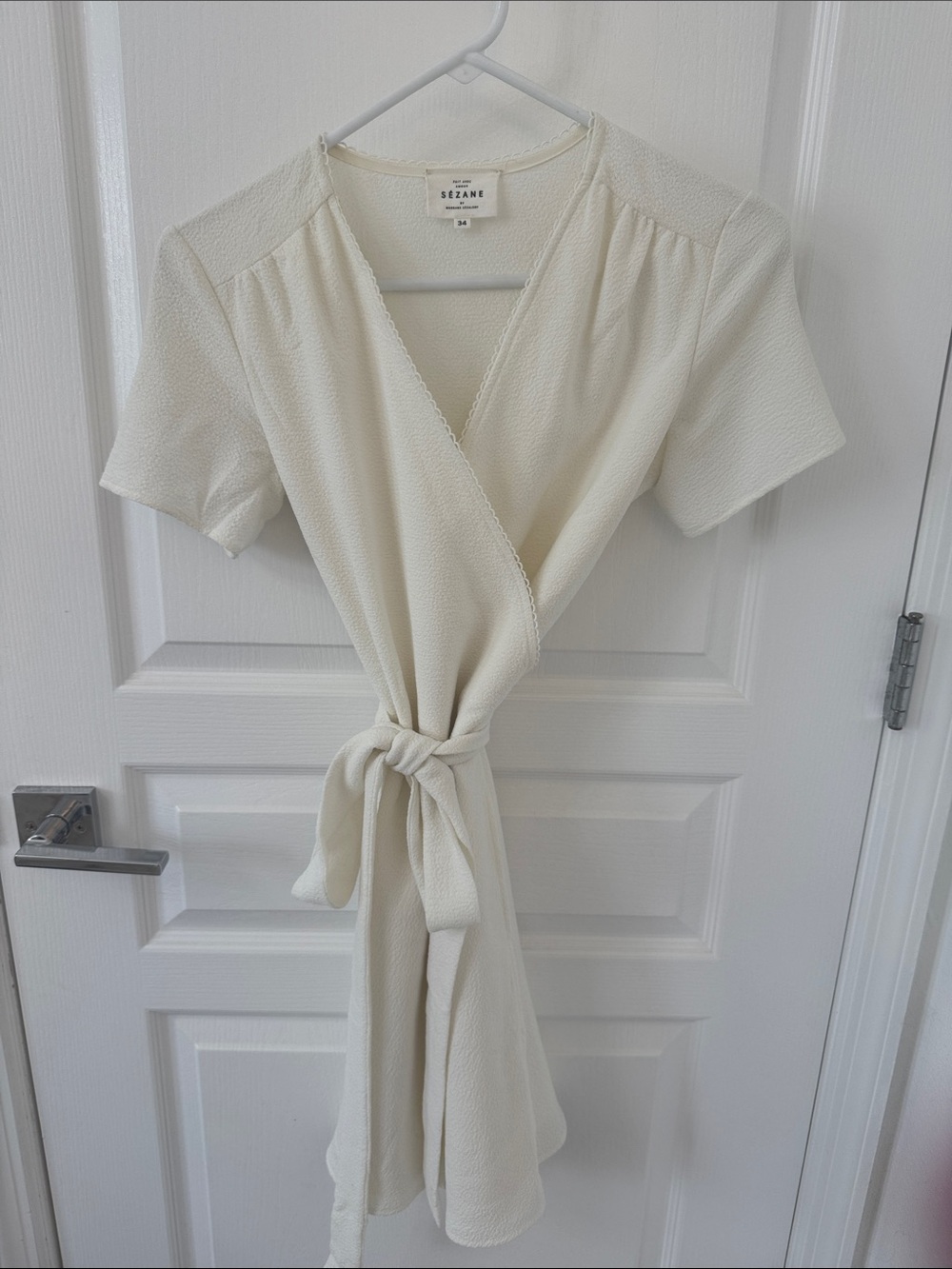 Sezane Off-White Wrap Dress with Tie Waist